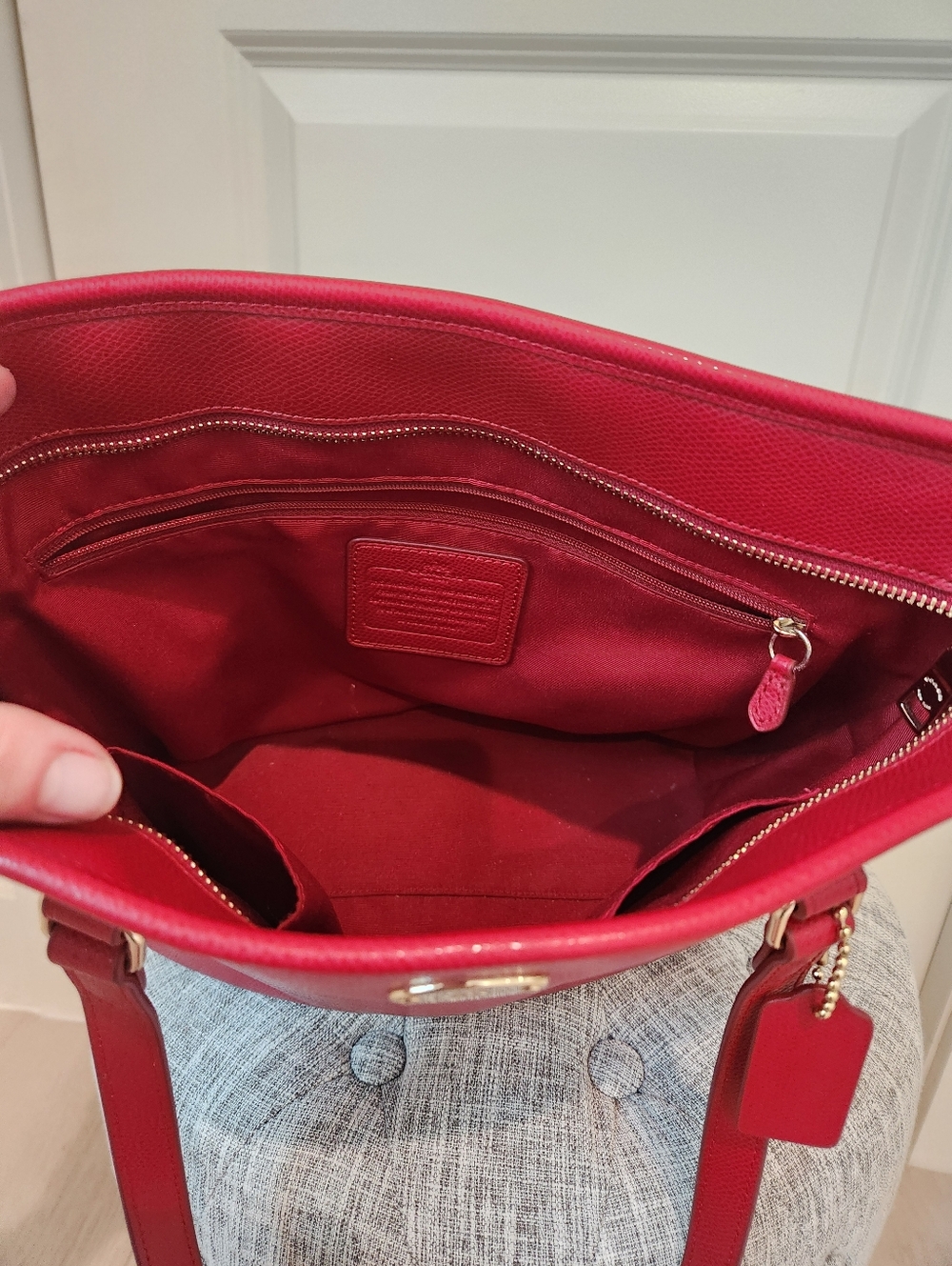 Coach Red Leather Tote Bag with Gold Accent - Picture 3 of 10